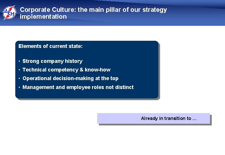 Corporate Culture: the main pillar of our strategy implementation Elements of current state: •