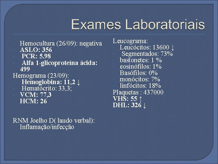 Hemocultura (26/09): negativa ASLO: 356 PCR: 5. 98 Alfa 1 -glicoproteína ácida: 499 Hemograma