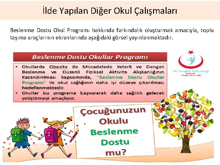 İlde Yapılan Diğer Okul Çalışmaları Beslenme Dostu Okul Programı hakkında farkındalık oluşturmak amacıyla, toplu