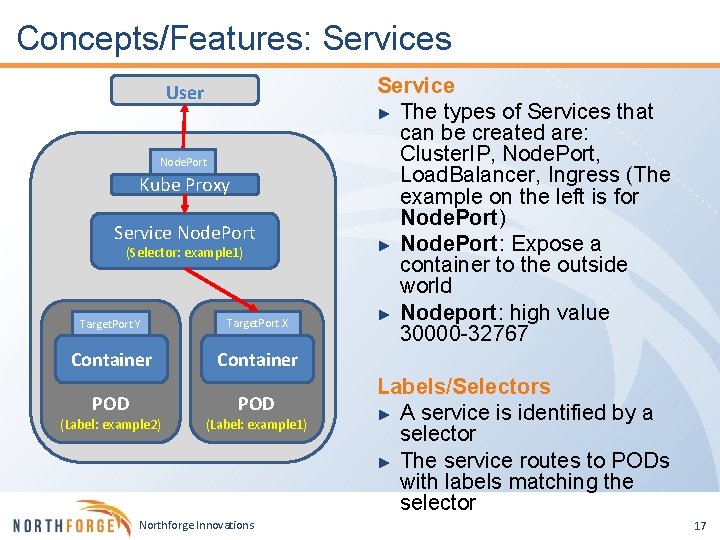 Concepts/Features: Services User Node. Port Kube Proxy Service Node. Port (Selector: example 1) Target.