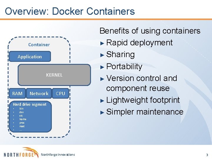 Overview: Docker Containers Container Application KERNEL RAM Network CPU Hard drive segment • •