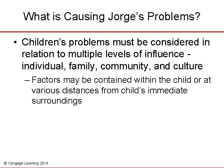 What is Causing Jorge’s Problems? • Children’s problems must be considered in relation to
