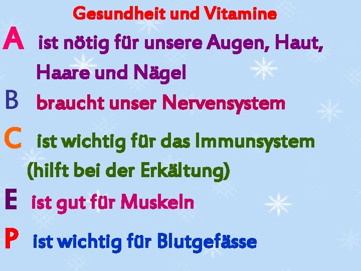 A B C E P Gesundheit und Vitamine ist nötig für unsere Augen, Haut,