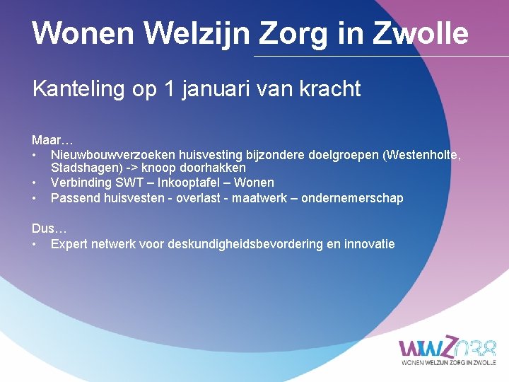 Wonen Welzijn Zorg in Zwolle Kanteling op 1 januari van kracht Maar… • Nieuwbouwverzoeken