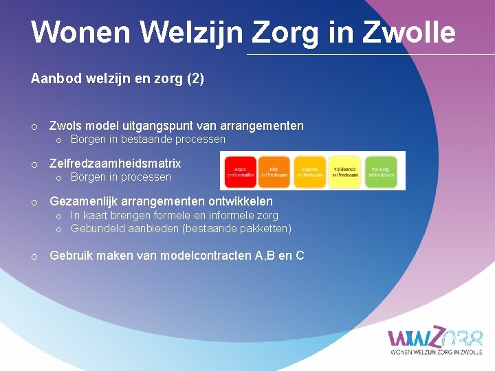 Wonen Welzijn Zorg in Zwolle Aanbod welzijn en zorg (2) o Zwols model uitgangspunt