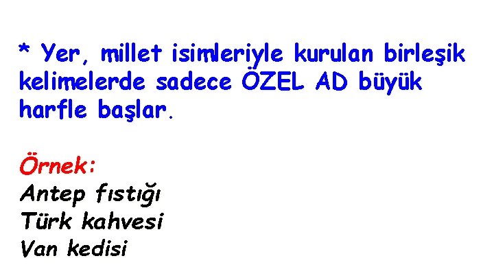 * Yer, millet isimleriyle kurulan birleşik kelimelerde sadece ÖZEL AD büyük harfle başlar. Örnek: