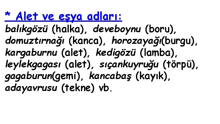 * Alet ve eşya adları: balıkgözü (halka), deveboynu (boru), domuztırnağı (kanca), horozayağı(burgu), kargaburnu (alet),