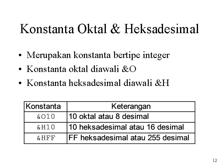 Konstanta Oktal & Heksadesimal • Merupakan konstanta bertipe integer • Konstanta oktal diawali &O