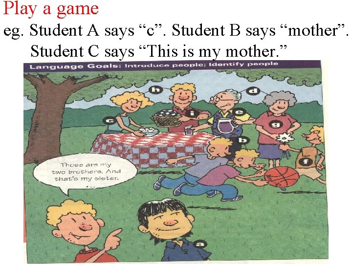 Play a game eg. Student A says “c”. Student B says “mother”. Student C