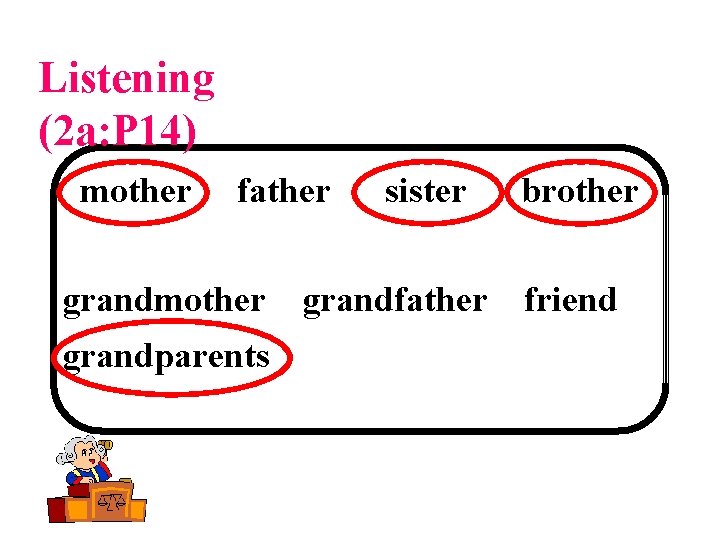 Listening (2 a: P 14) mother father grandmother grandparents sister brother grandfather friend 