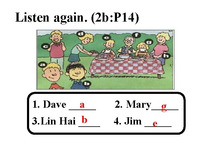 Listen again. (2 b: P 14) 1. Dave _____ a b 3. Lin Hai