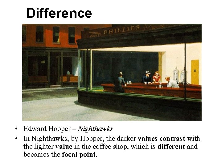 Difference • Edward Hooper – Nighthawks • In Nighthawks, by Hopper, the darker values Difference • Edward Hooper – Nighthawks • In Nighthawks, by Hopper, the darker values