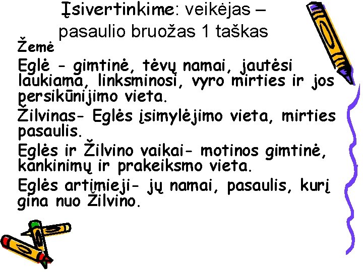 Žemė Įsivertinkime: veikėjas – pasaulio bruožas 1 taškas Eglė - gimtinė, tėvų namai, jautėsi