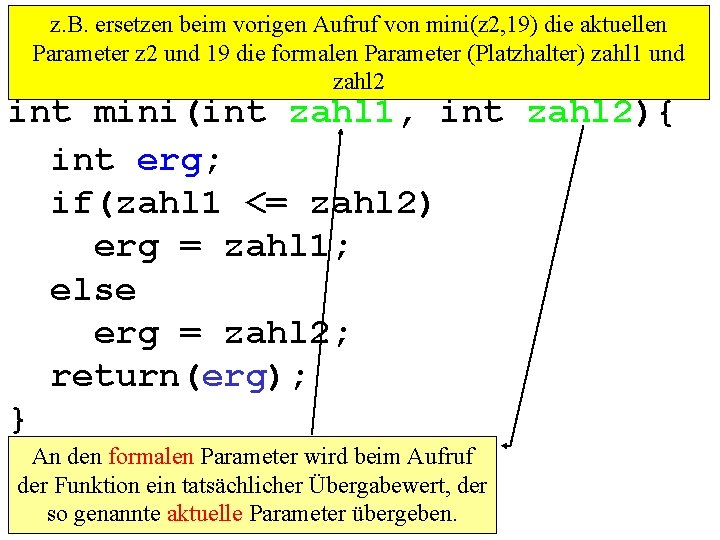 z. B. ersetzen beim vorigen Aufruf von mini(z 2, 19) die aktuellen Parameter z