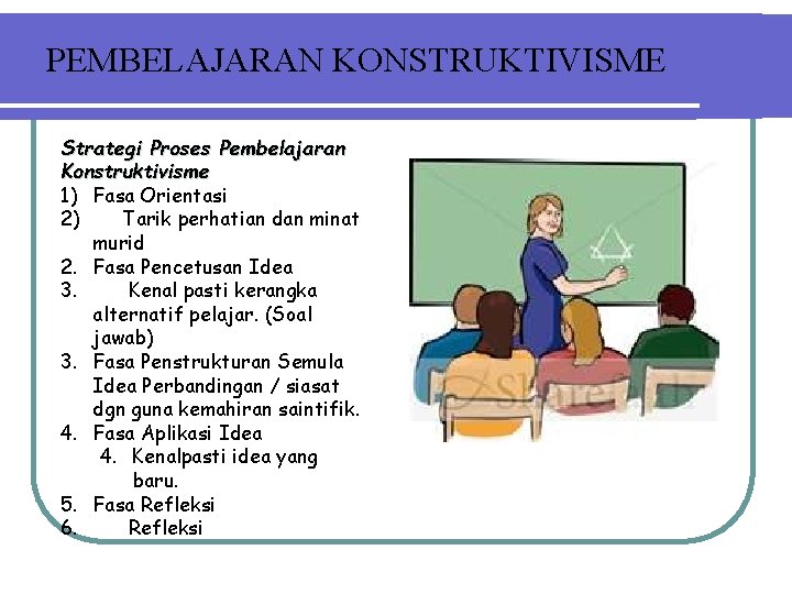 PEMBELAJARAN KONSTRUKTIVISME Strategi Proses Pembelajaran Konstruktivisme 1) Fasa Orientasi 2) Tarik perhatian dan minat