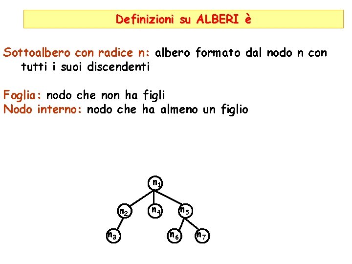 Definizioni su ALBERI è Sottoalbero con radice n: albero formato dal nodo n con
