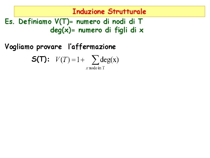 Induzione Strutturale Es. Definiamo V(T)= numero di nodi di T deg(x)= numero di figli