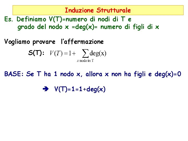 Induzione Strutturale Es. Definiamo V(T)=numero di nodi di T e grado del nodo x