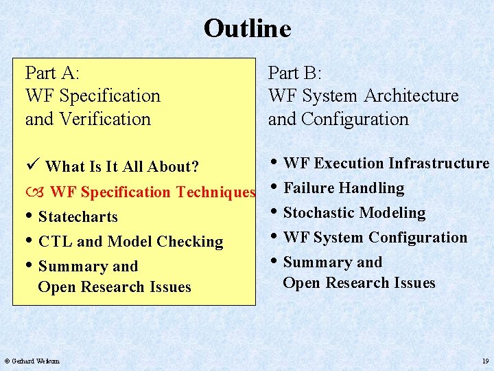 Outline Part A: WF Specification and Verification Part B: WF System Architecture and Configuration