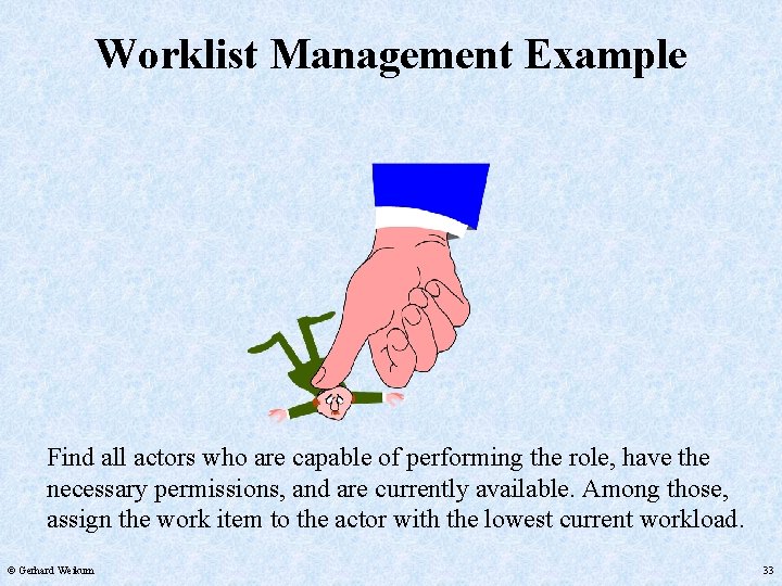 Worklist Management Example Find all actors who are capable of performing the role, have