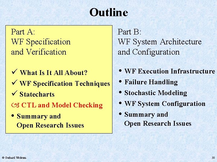 Outline Part A: WF Specification and Verification Part B: WF System Architecture and Configuration