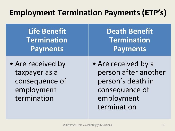 Employment Termination Payments (ETP’s) Life Benefit Termination Payments • Are received by taxpayer as