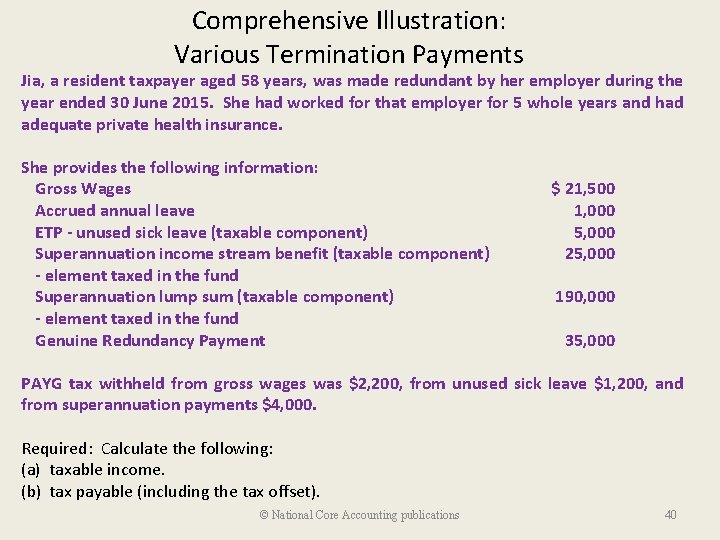 Comprehensive Illustration: Various Termination Payments Jia, a resident taxpayer aged 58 years, was made