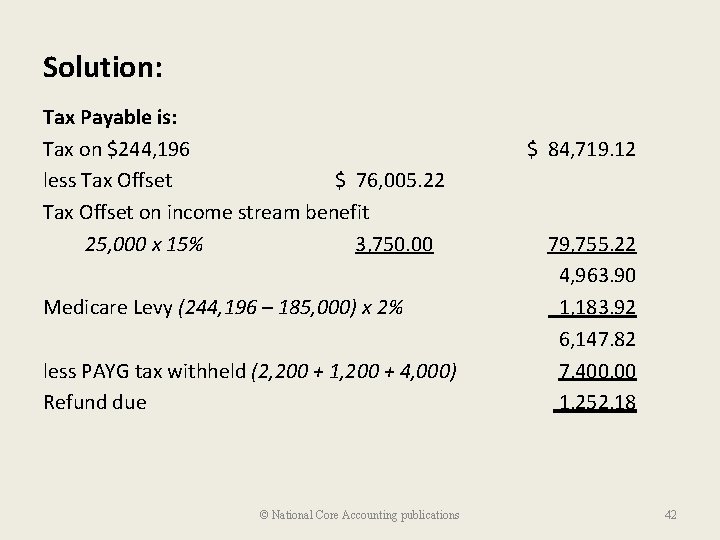Solution: Tax Payable is: Tax on $244, 196 less Tax Offset $ 76, 005. Solution: Tax Payable is: Tax on $244, 196 less Tax Offset $ 76, 005.