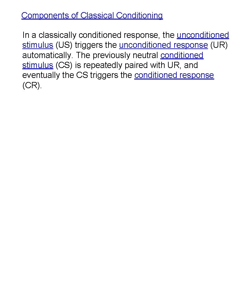 Components of Classical Conditioning In a classically conditioned response, the unconditioned stimulus (US) triggers Components of Classical Conditioning In a classically conditioned response, the unconditioned stimulus (US) triggers