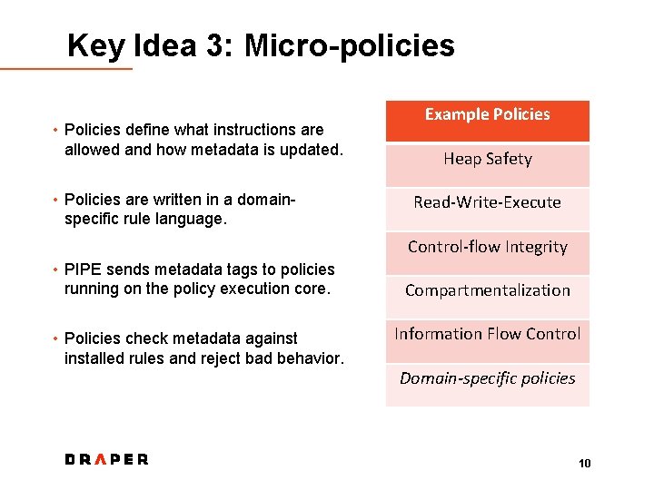 Key Idea 3: Micro-policies • Policies define what instructions are allowed and how metadata