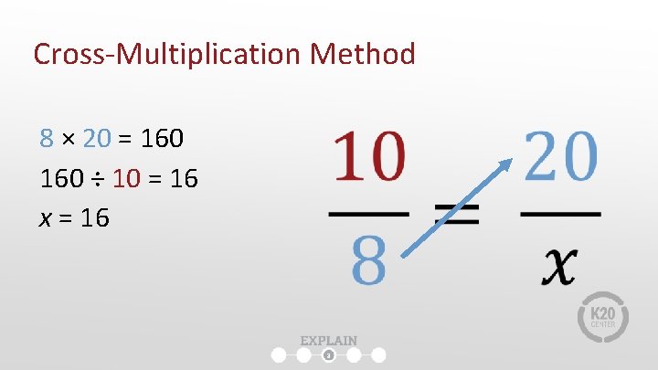 Cross-Multiplication Method 8 × 20 = 160 ÷ 10 = 16 x = 16 Cross-Multiplication Method 8 × 20 = 160 ÷ 10 = 16 x = 16