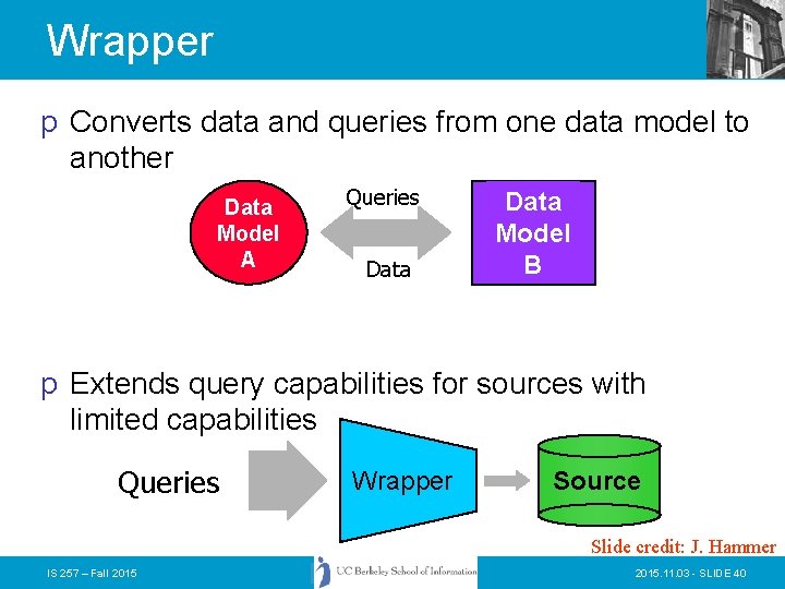 Wrapper p Converts data and queries from one data model to another Data Model