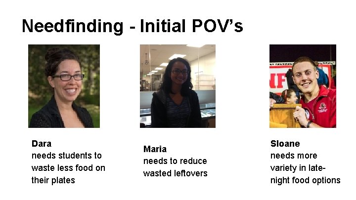Needfinding - Initial POV’s Dara needs students to waste less food on their plates Needfinding - Initial POV’s Dara needs students to waste less food on their plates