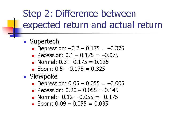 Step 2: Difference between expected return and actual return n Supertech n n n
