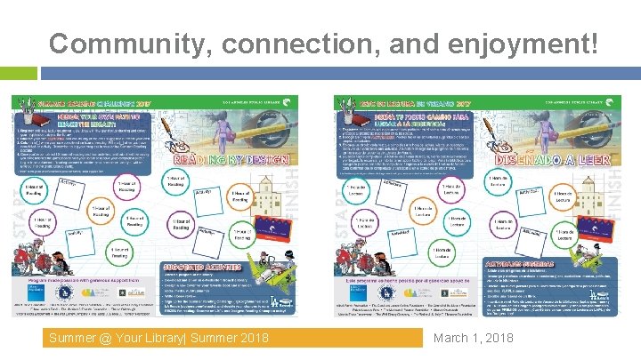 Community, connection, and enjoyment! Summer @ Your Library| Summer 2018 March 1, 2018 Community, connection, and enjoyment! Summer @ Your Library| Summer 2018 March 1, 2018
