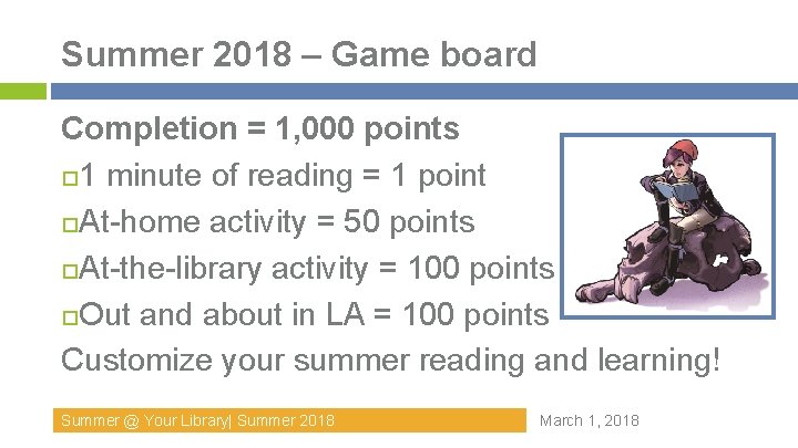 Summer 2018 – Game board Completion = 1, 000 points 1 minute of reading