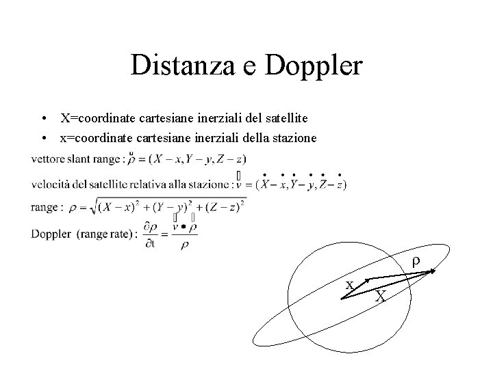 Distanza e Doppler • X=coordinate cartesiane inerziali del satellite • x=coordinate cartesiane inerziali della