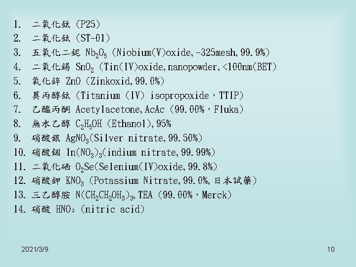 1. 二氧化鈦 (P 25) 2. 二氧化鈦 (ST-01) 3. 五氧化二鈮 Nb 2 O 5 (Niobium(V)oxide, 1. 二氧化鈦 (P 25) 2. 二氧化鈦 (ST-01) 3. 五氧化二鈮 Nb 2 O 5 (Niobium(V)oxide,
