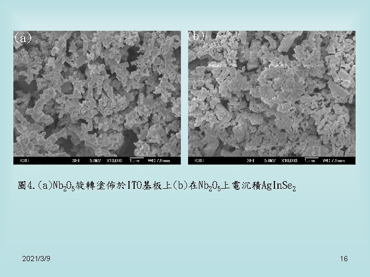 (a) (b) 圖 4. (a)Nb 2 O 5旋轉塗佈於ITO基板上(b)在Nb 2 O 5上電沉積Ag. In. Se 2 (a) (b) 圖 4. (a)Nb 2 O 5旋轉塗佈於ITO基板上(b)在Nb 2 O 5上電沉積Ag. In. Se 2