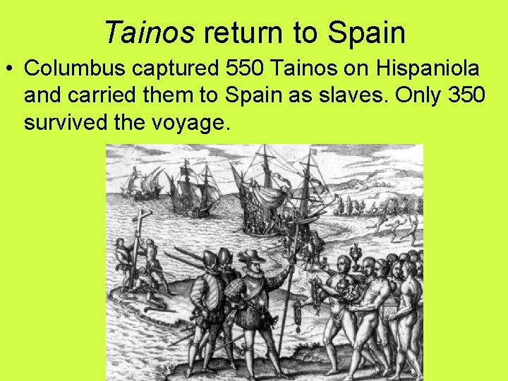 Tainos return to Spain • Columbus captured 550 Tainos on Hispaniola and carried them Tainos return to Spain • Columbus captured 550 Tainos on Hispaniola and carried them