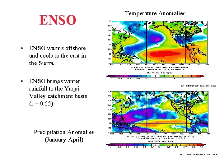 ENSO • ENSO warms offshore and cools to the east in the Sierra. • ENSO • ENSO warms offshore and cools to the east in the Sierra. •