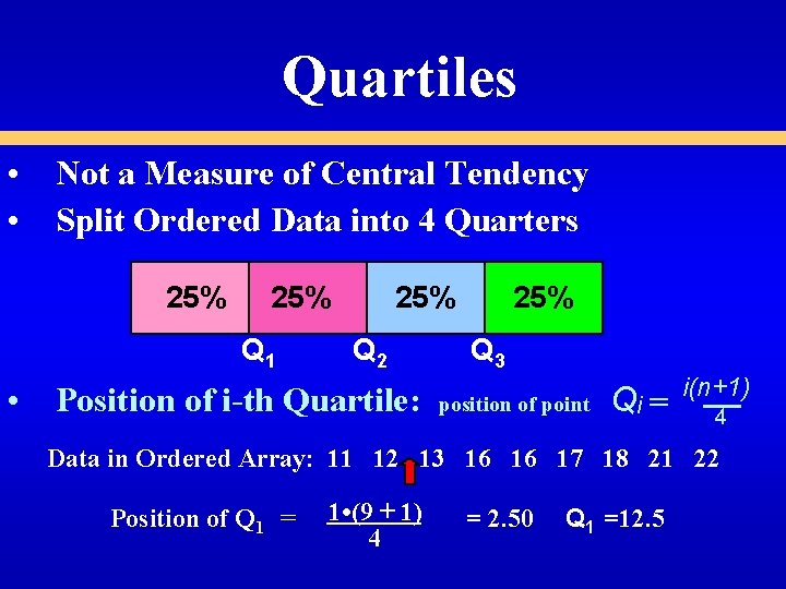 Quartiles • Not a Measure of Central Tendency • Split Ordered Data into 4 Quartiles • Not a Measure of Central Tendency • Split Ordered Data into 4