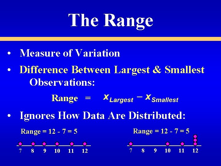 The Range • Measure of Variation • Difference Between Largest & Smallest Observations: Range