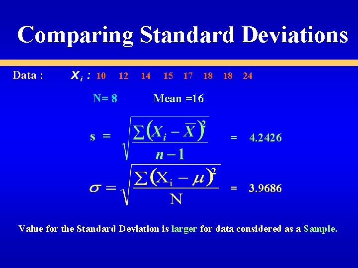 Comparing Standard Deviations Data : 10 N= 8 s = 12 14 15 17 Comparing Standard Deviations Data : 10 N= 8 s = 12 14 15 17