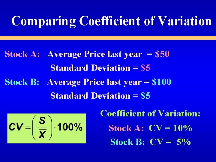 Comparing Coefficient of Variation Stock A: Average Price last year = $50 Standard Deviation Comparing Coefficient of Variation Stock A: Average Price last year = $50 Standard Deviation