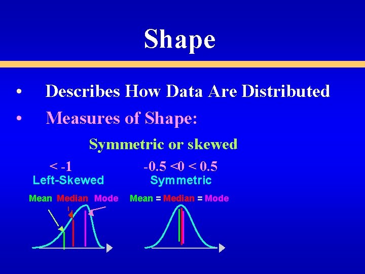 Shape • • Describes How Data Are Distributed Measures of Shape: Symmetric or skewed