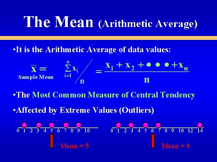 The Mean (Arithmetic Average) • It is the Arithmetic Average of data values: Sample The Mean (Arithmetic Average) • It is the Arithmetic Average of data values: Sample