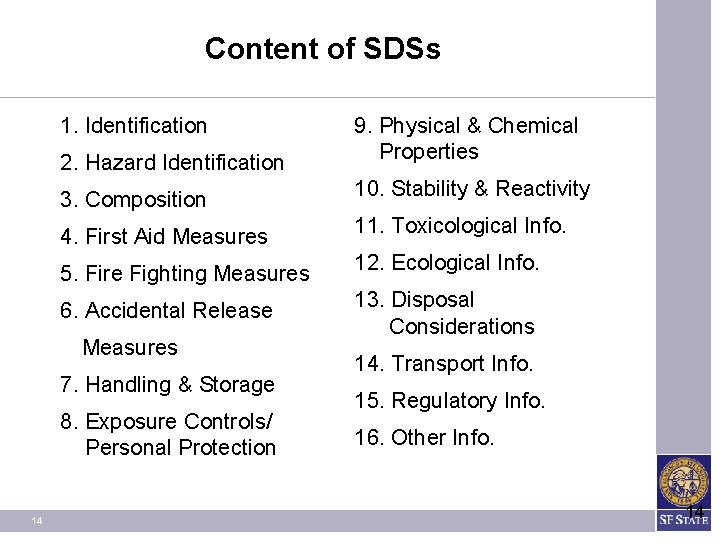 Content of SDSs 1. Identification 2. Hazard Identification 9. Physical & Chemical Properties 3. Content of SDSs 1. Identification 2. Hazard Identification 9. Physical & Chemical Properties 3.