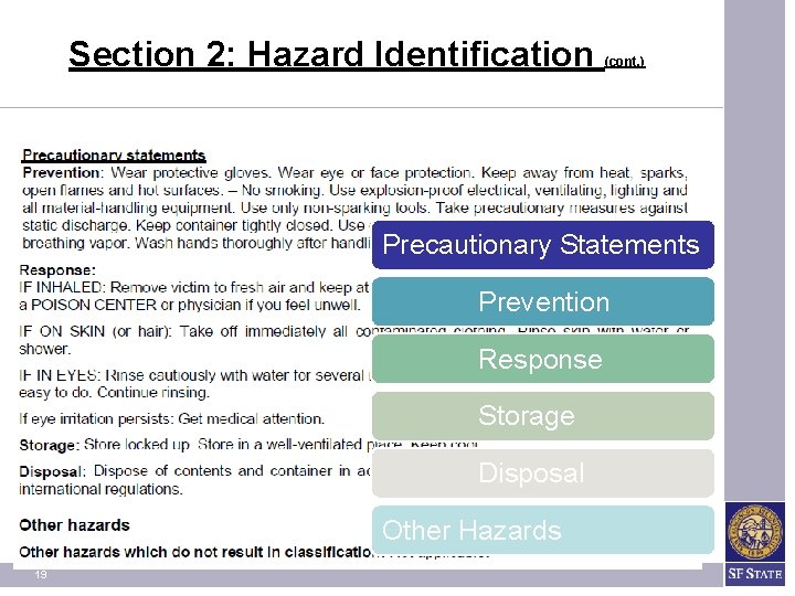 Section 2: Hazard Identification (cont. ) Precautionary Statements Prevention Response Storage Disposal Other Hazards Section 2: Hazard Identification (cont. ) Precautionary Statements Prevention Response Storage Disposal Other Hazards