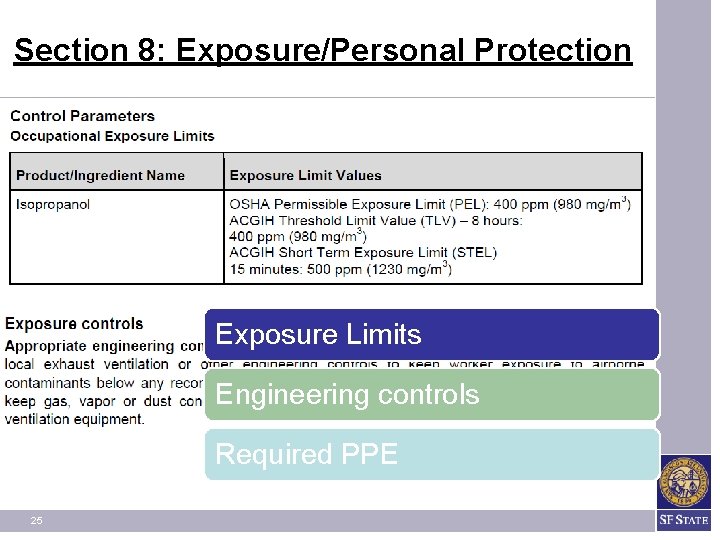 Section 8: Exposure/Personal Protection Exposure Limits Engineering controls Required PPE 25 Section 8: Exposure/Personal Protection Exposure Limits Engineering controls Required PPE 25
